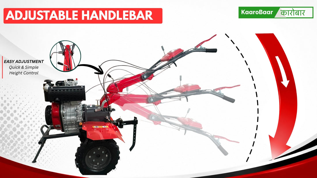 Kaarobaar 585D power tiller side view showing gear-drive transmission